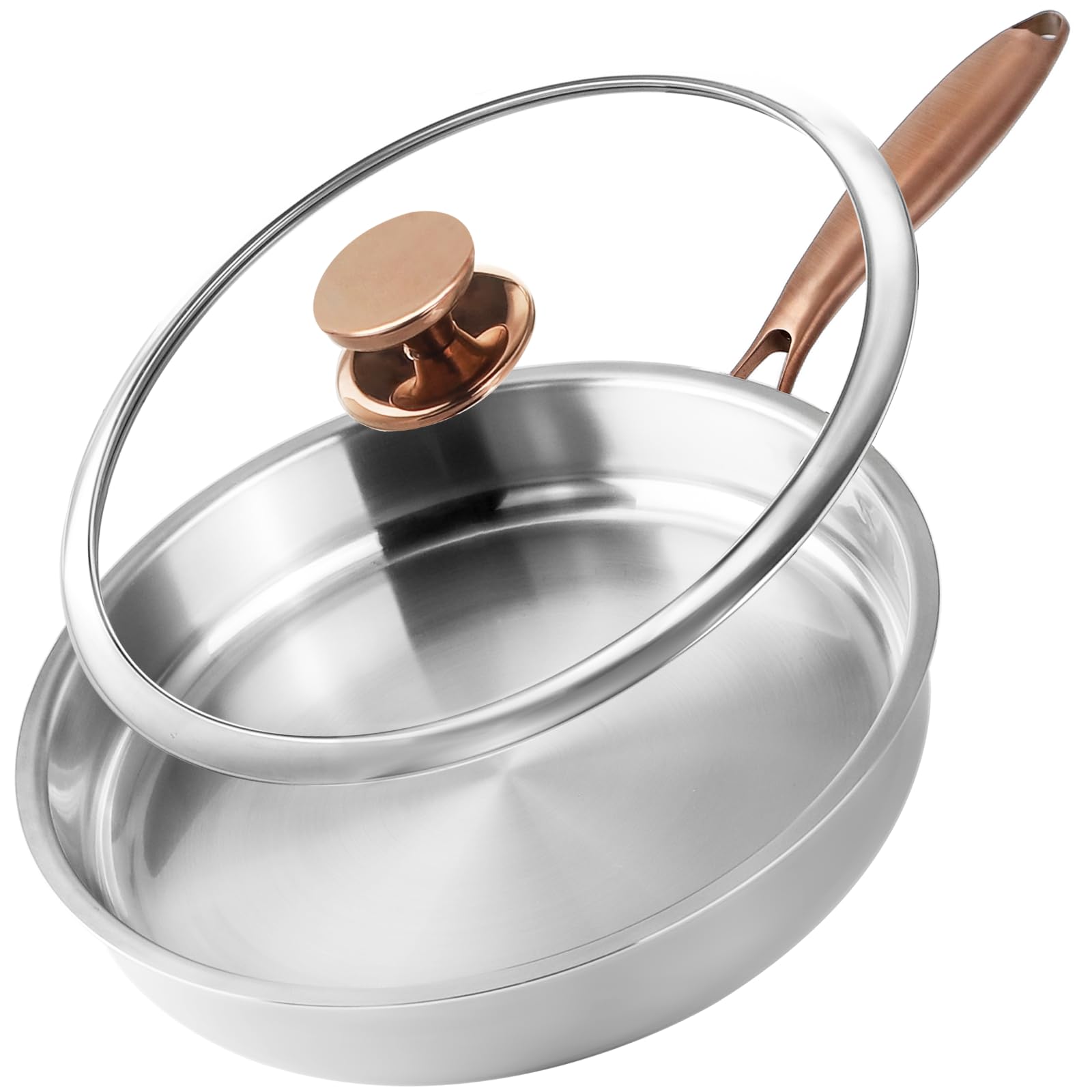 Bakpoco Tri-Ply Stainless Steel Pan with Lid, 12 inch Frying Pan Fully Clad Sauté Pan Induction-Ready Skillet Up to 600℉, 18/10 Stainless Steel Clad Pan with Copper Handle