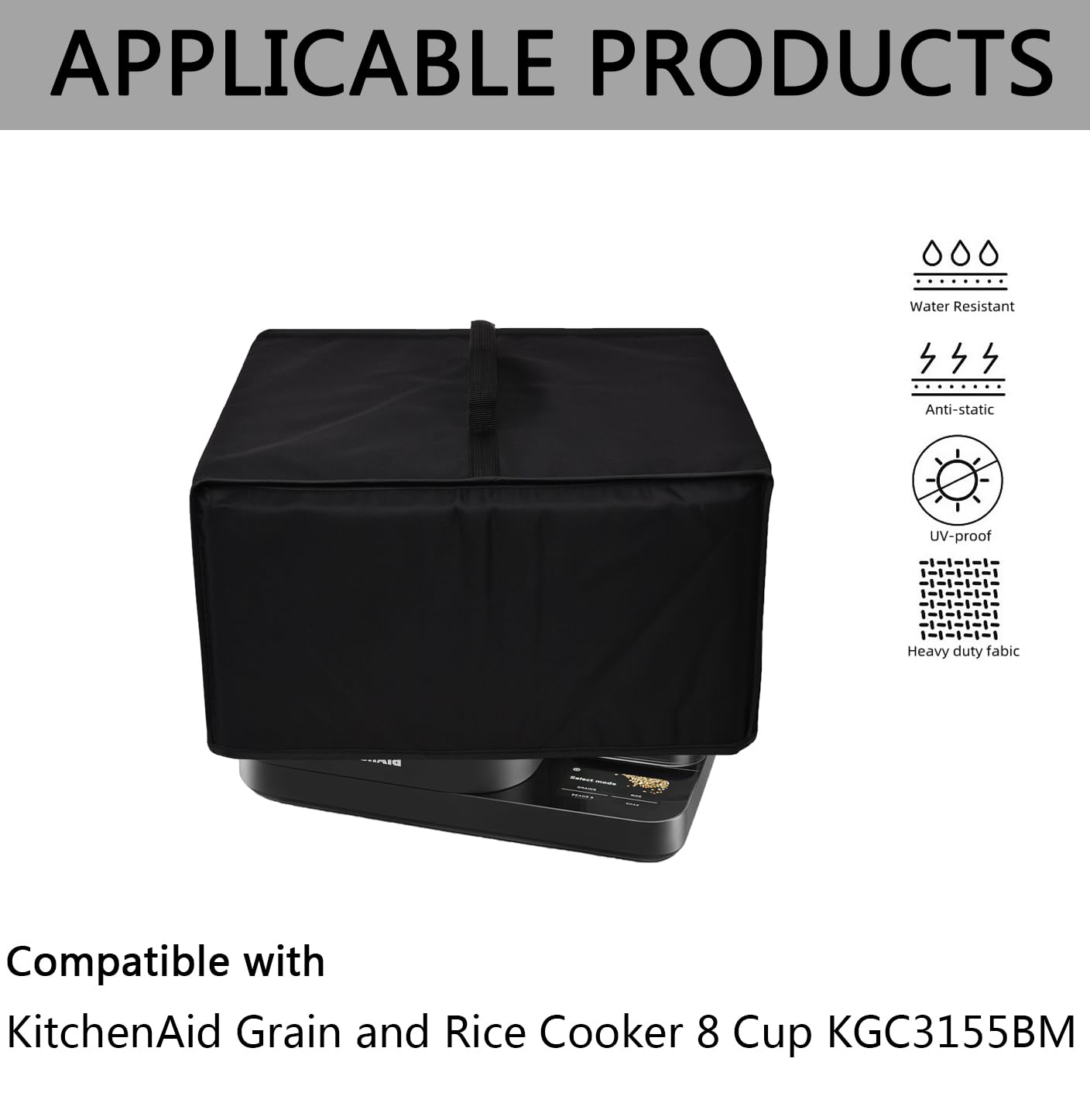 CouldyCasi Rice Cooker Cover, Heavy Duty Heat Resistant Waterproof Nylon Material, Rice Cooker Dust Protective Cover Case for KitchenAid Grain and Rice Cooker 8 Cup KGC3155BM