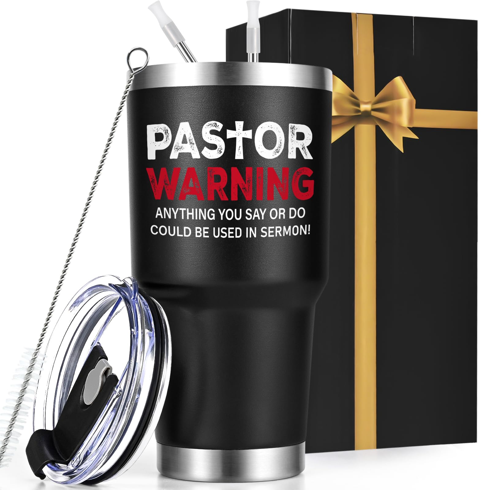 Pastor Warning Anything You Say Or Do Could Be Used In Sermon Insulated Tumbler, Funny Pastor Appreciation 30oz Stainless Steel Tumbler, Pastor Gifts for Preacher Minister Ordination Christmas, Black