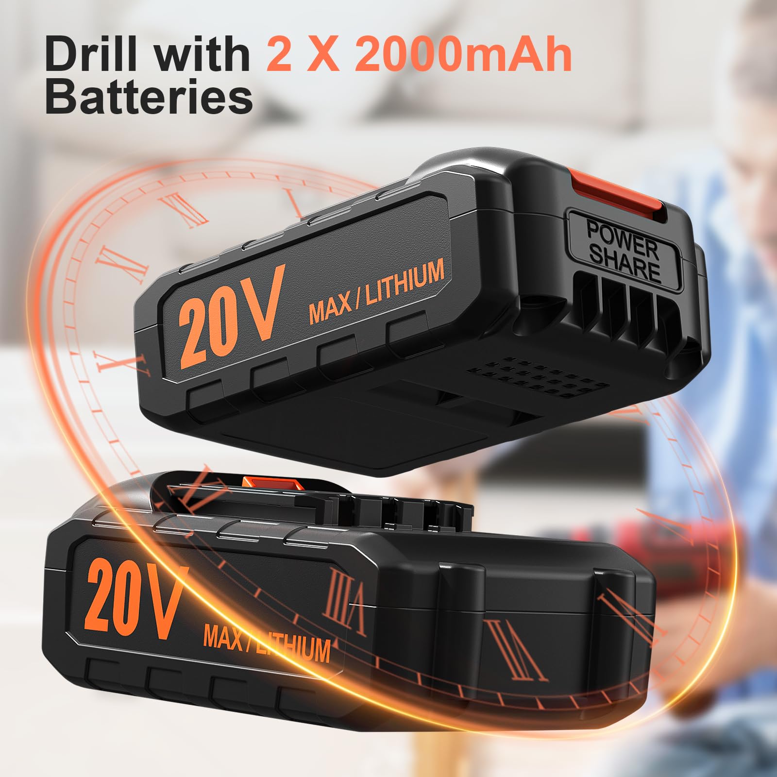 Cordless Drill, 20V Power Drill, Double 2000mAh Batteries Electric Drill, Cordless Drill with Battery and Charger, 3/8" Keyless Chuck Battery Drill with 25+1 Max 370 In-lb Torque, 42Pcs Drill Bits