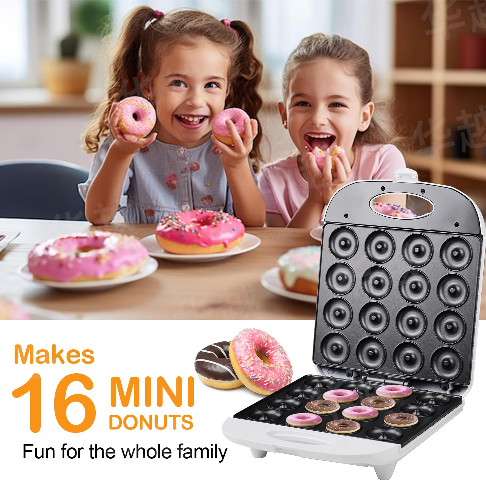 16 Hole Mini Donut Machine, Double Sided Heating Mini Donut Maker Machine,1400W Perfect for Breakfast, Snacks & Desserts,Non-stick Surface, Kid's friendly