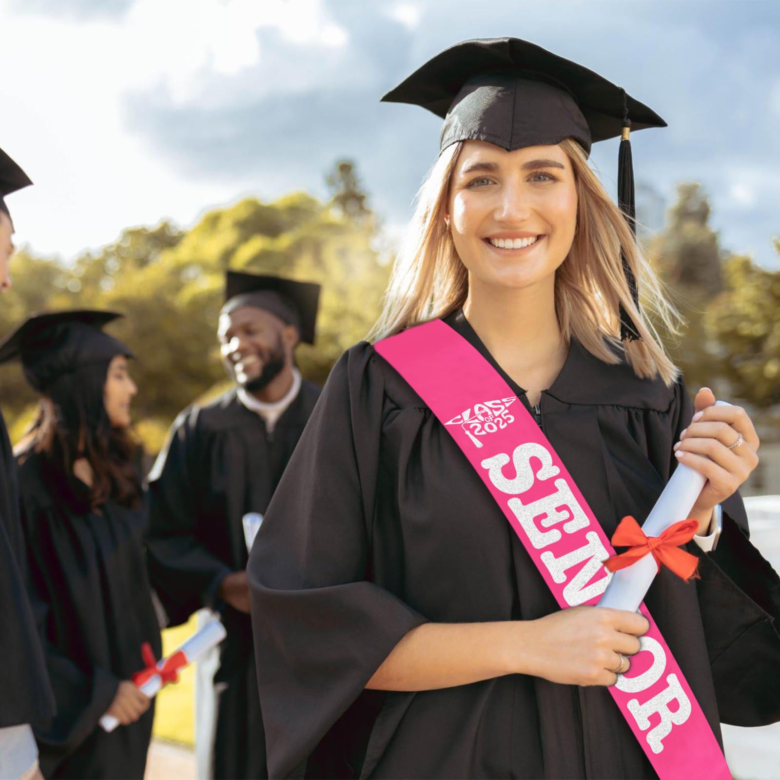 Class of 2025 Senior Sash, Hot Pink Satin Finally Graduated Sash with Silver Printing Letters Cheerleader Senior Sash for Class of 2025 Graduation Party Celebrations Supplies(Hot Pink+Silver)