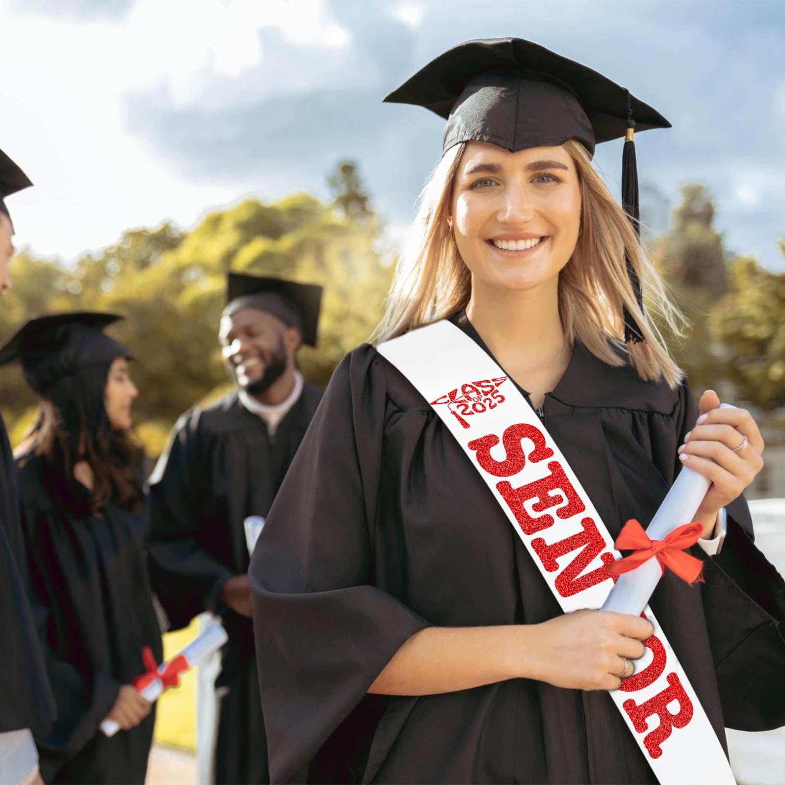 SKJIAYEE Class of 2025 Senior Sash, White Satin Finally Graduated Sash with Red Printing Letters Cheerleader Senior Sash for Class of 2025 Graduation Party Celebrations Supplies(White+Red)