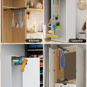 PrimZooty Pull Out Broom Holder With Adjustable Double Row Sliding Hook, Multifunctional Slide Broom And Mop Storage/Organizer Garage Organization Hooks, for Closet Laundry Garage Cupboard Kitchen