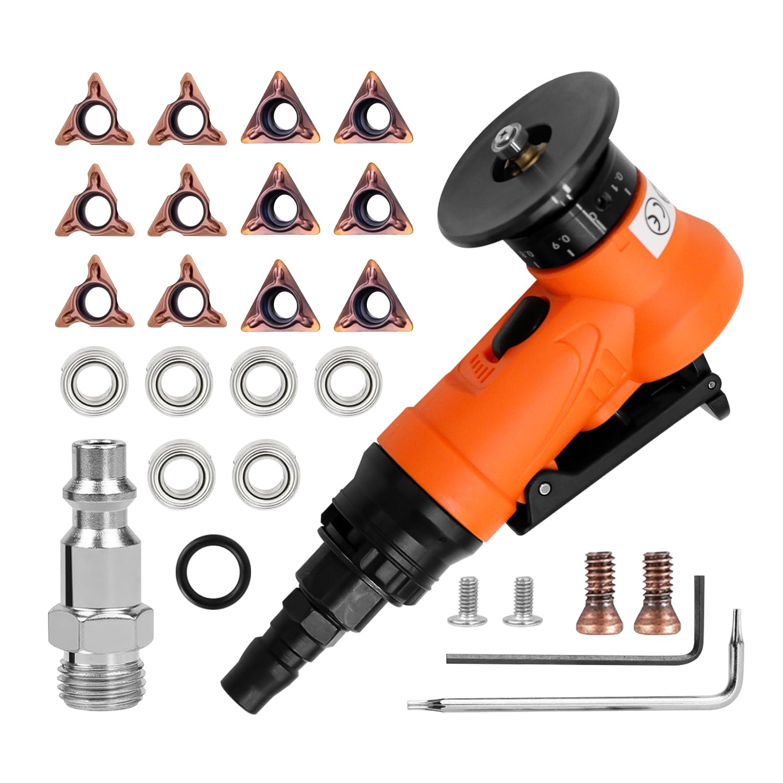 2 in 1 Mini Pneumatic Chamfering Machine, 45° Arc Corner Beveling Trimming Deburring Machine 30000RPM Handheld Chamfering Air Chamfer Tool with 1/4 Inch Air Inlet (C&R Angle Blades,Orange)