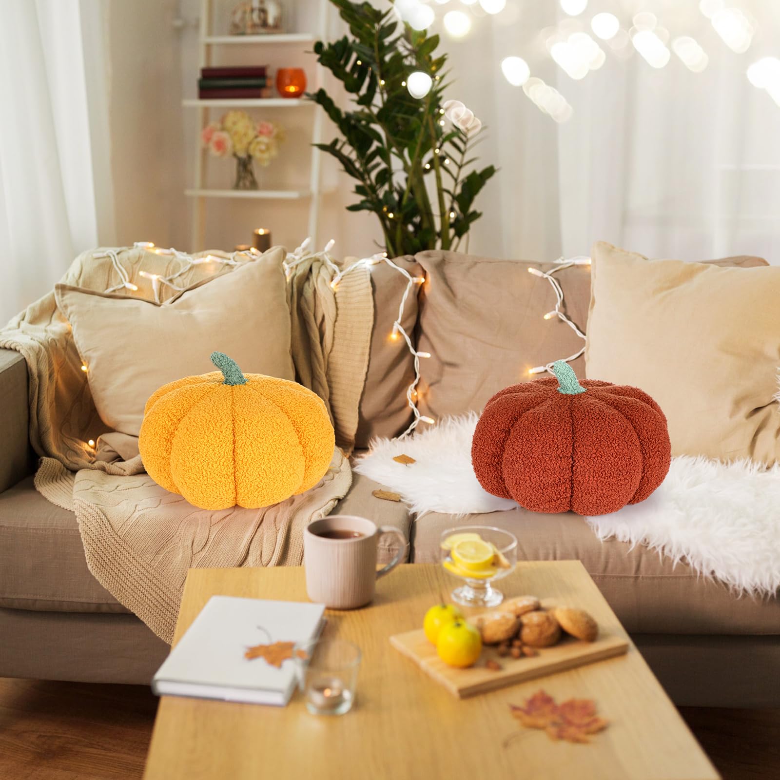 Kajaia 2 Pieces Simulated Pumpkin Plush Pillow 11 x 9.5 Inch 3D Thanksgiving Cushion Pillow Fall Decorations Toy Pillows for Thanksgiving Christmas Bedroom Sofa Couch Supplies (Yellow, Brown)