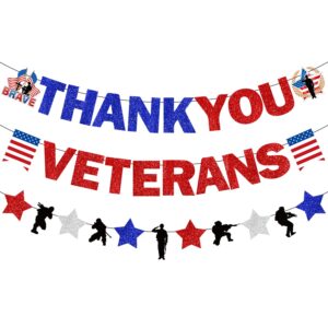 glitter veterans day decorations, no-diy thank you veterans banner garland, happy veterans day banner, veterans day banner for indoor outdoor veterans day decor party, patriotic decorations