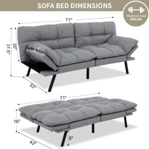 MUUEGM Futon Sofa Bed, Convertible Memory Foam Couch Bed for Living Room,Office,Apartment,71" Adjustable Sleeper Sofa,Light Grey