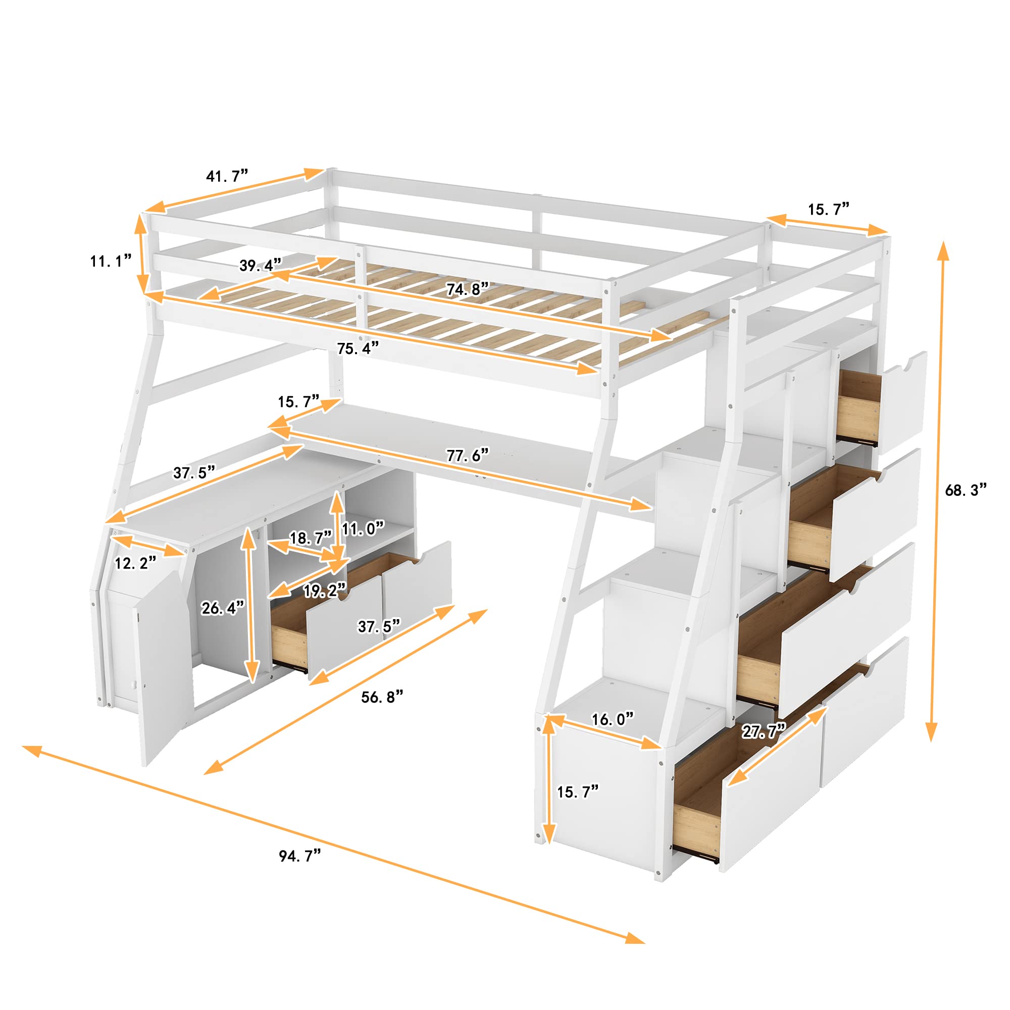 Twin Size Loft Bed with Stairs and Desk, Wood Loft Beds with Cabinet and 7 Drawers, High Loft Bed Frame with Shelves and Step for Kids, Teen, Boys, Girls, White