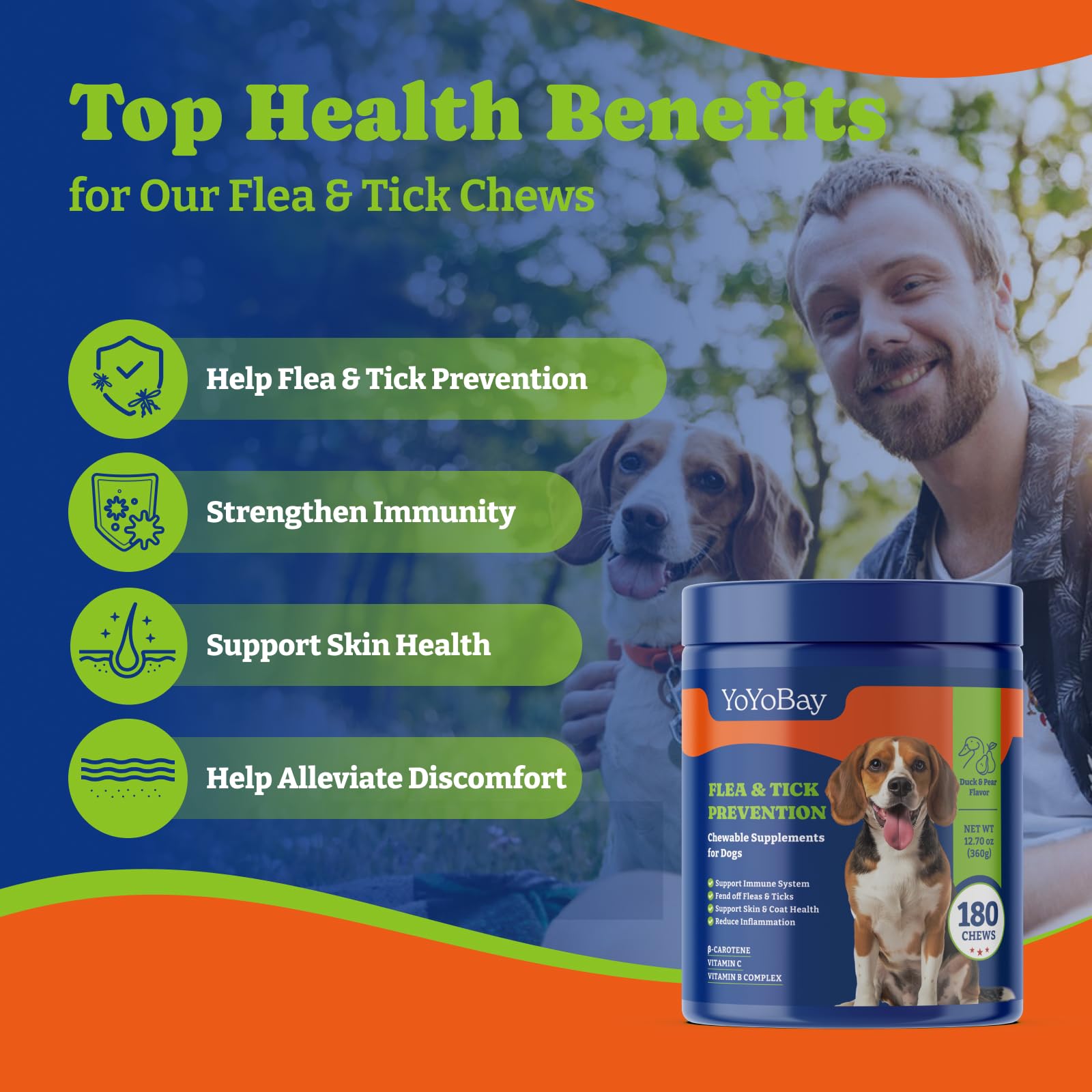 YoYoBay Flea and Tick Prevention for Dogs Chewable - 180 Soft Chews, Duck & Pear Flavor - Dog Flea and Tick Treatment Chewable, Natural Defense- Dog Immune Support Supplement