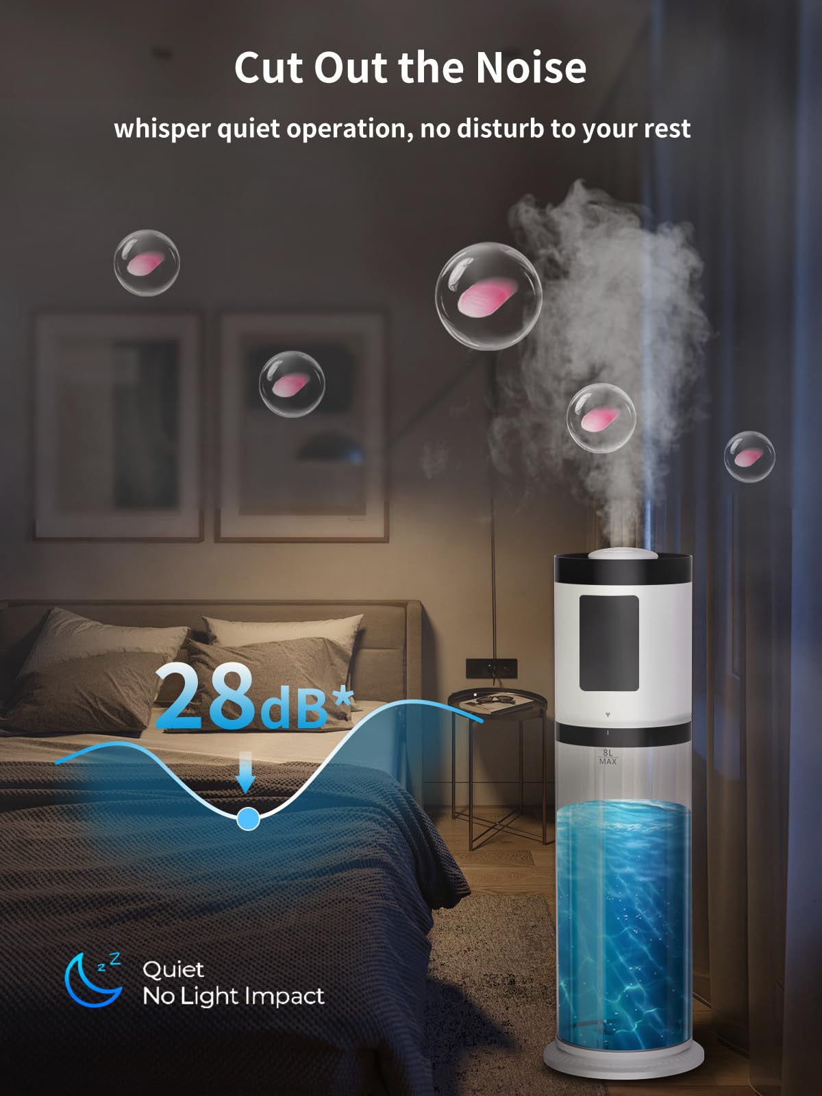 Humidifiers for Bedroom Large Room, 8L Large Capacity Cool Mist Humidifier, Air Humidifiers for Home, Smart Humidity Setting, Easy Top Fill, Sleep Mode, Essential Oil Box & Ambient Light, Auto Shutoff