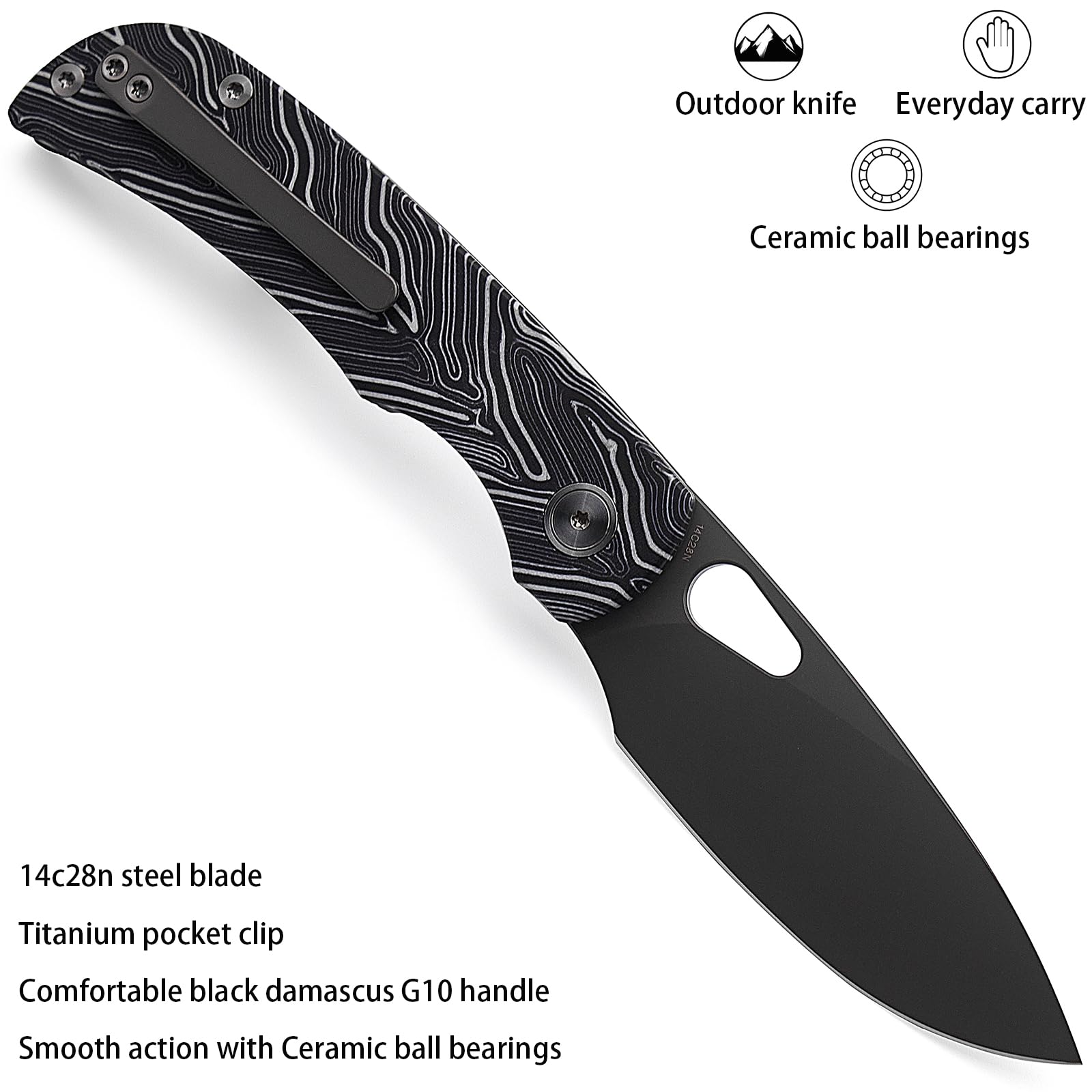 Miguron Knives M Moyarl Folding Knife,3.25" Dark Grey PVD 14c28n Blade Black Damascus G10 Handle With Titanium Pocket Clip, Camping Hiking Pocket Knife MGR-806DBK