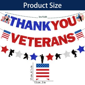 Glitter Veterans Day Decorations, NO-DIY Thank You Veterans Banner Garland, Happy Veterans Day Banner, Veterans Day Banner for Indoor Outdoor Veterans Day Decor Party, Patriotic Decorations