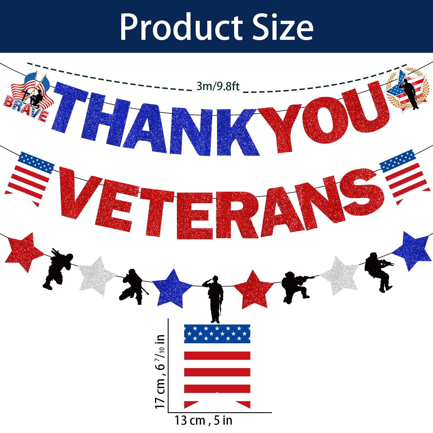 Glitter Veterans Day Decorations, NO-DIY Thank You Veterans Banner Garland, Happy Veterans Day Banner, Veterans Day Banner for Indoor Outdoor Veterans Day Decor Party, Patriotic Decorations