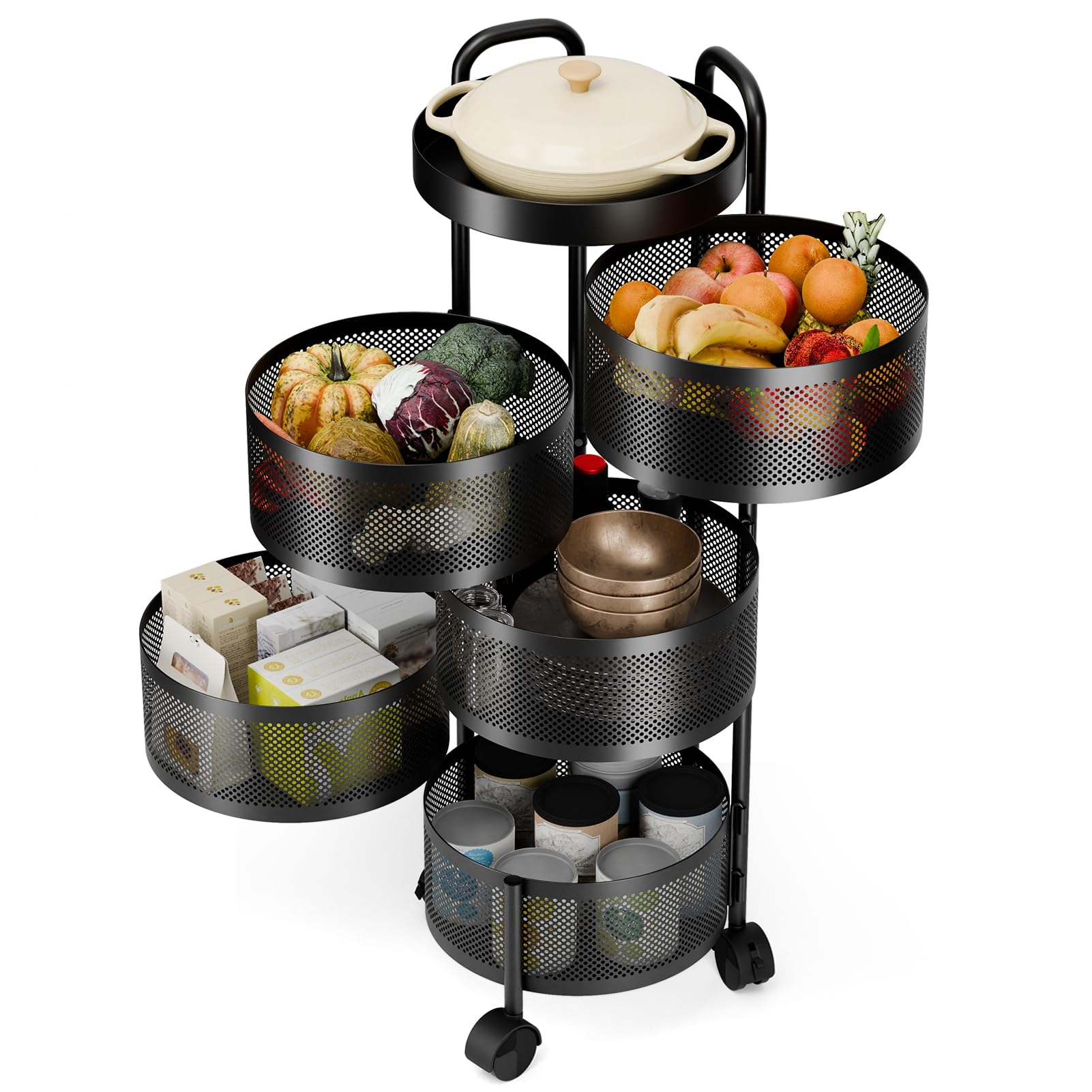 Rotating Storage Rack for Kitchen,Fruit Vegetable Basket,5 Tier Round Metal Storage Basket Shelves,Rotating Tower Organizer with Rolling Wheels for Fruit Vegetable Grocery Corns Potato Onion Black