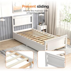 VINGLI Twin Size Bed Frame with 4 Drawers on Wheels and Headboard, Twin Wood Platform Bed with Storage Underneath, Mattress Foundation with Wooden Slats Support, No Box Spring Needed, White