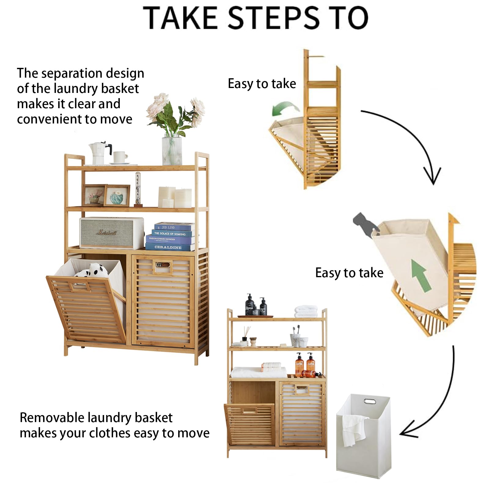 Baveke Tilt Out Laundry Hamper, Bamboo Hamper with 2 Removable Bags, Pull Out Laundry Hamper Cabinet, Bathroom Storage Shelf for Laundry Room, Living Room, Bedroom (3-Tier, Natural)