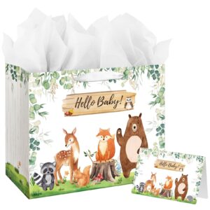 13" large baby boy girl gift bag for baby shower or birthday with handle, tissue paper and greeting card (woodland animals sage green design)