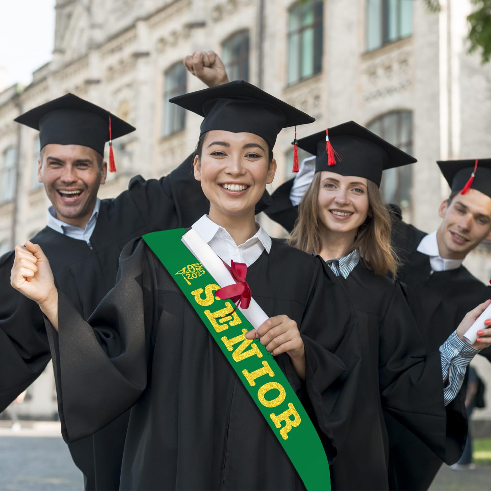 SKJIAYEE Class of 2025 Senior Sash, Green Satin Finally Graduated Sash with Gold Printing Letters Cheerleader Senior Sash for Class of 2025 Graduation Party Celebrations Supplies(Green+gold)