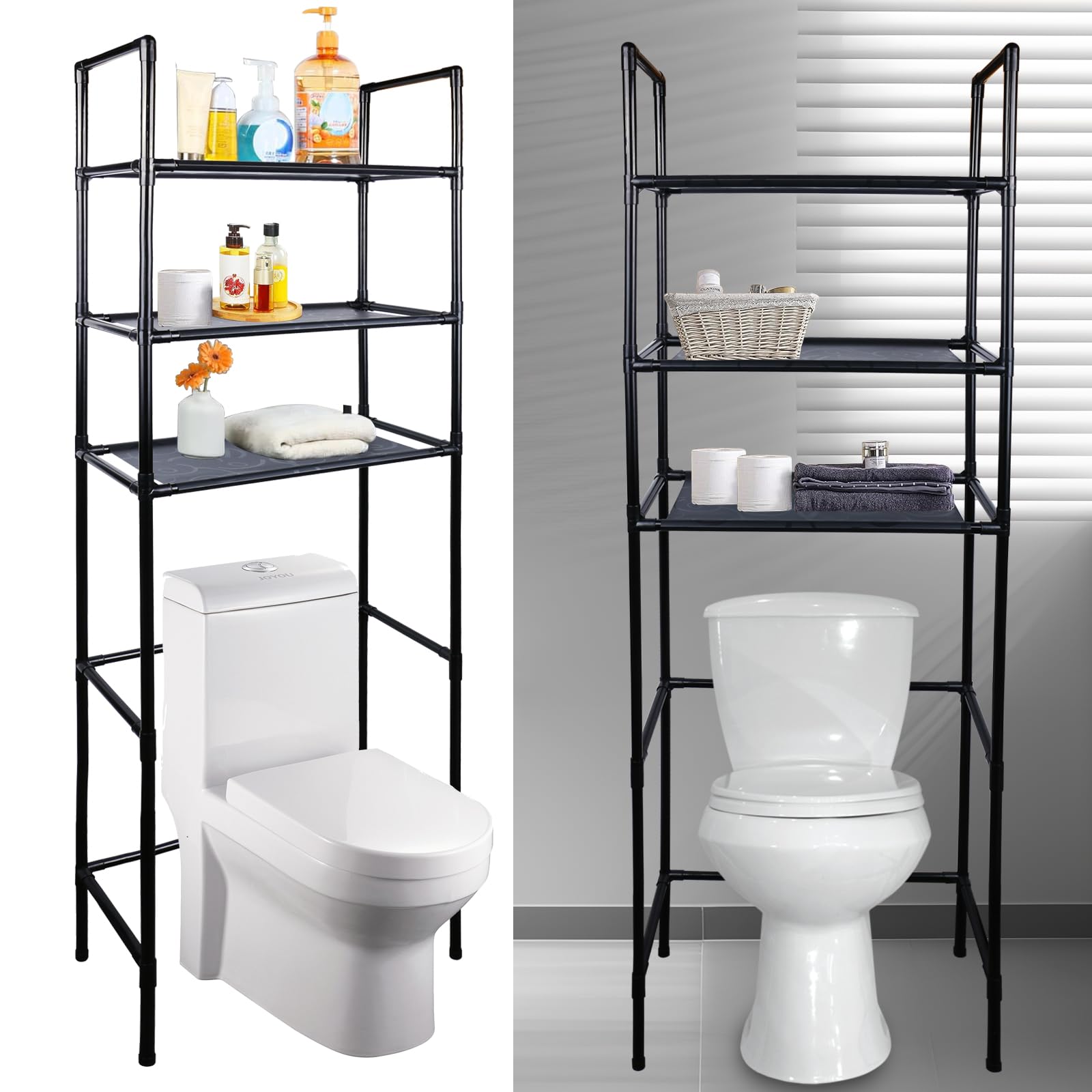 NICECHEF Over The Toilet Storage, 3 Tier Bathroom Organizer Shelf, Freestanding Space Saver with Toilet Paper Holder, Multifunctional Over The Toilet Rack