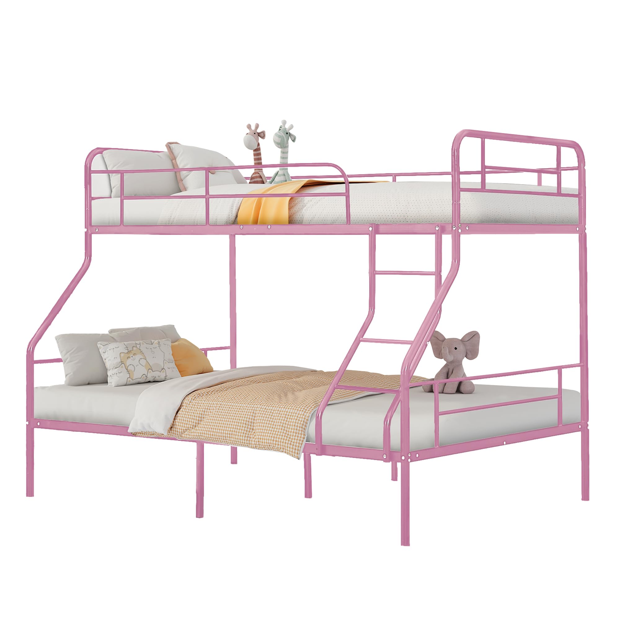 Bunk Bed Twin Over Full, Bunk Beds Twin Over Full with Metal Guardrail and Ladder, Space-Saving, Heavy Duty Queen Bunk Bed for Boys, Girls, Teens, Adult,No Box Spring Needed (Pink)