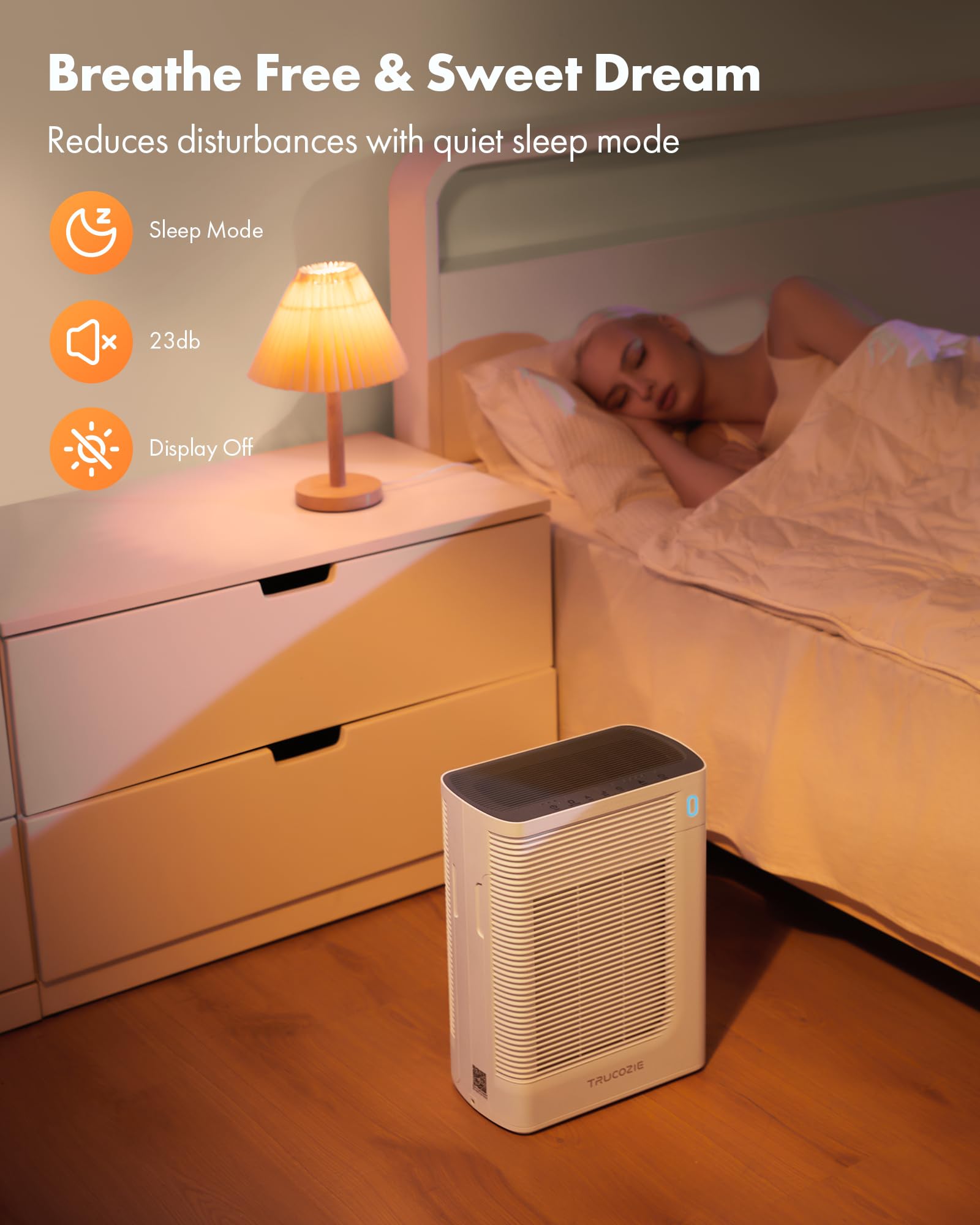 Trucozie Air Purifier for Home Large Room Bedroom Up to 1937 Ft² in 1 Hr With Double-sided Air Inlet, Air Quality and Light Sensors, HEPA Sleep Mode for Allergies, Dust, Pollen, Pet Hair, White