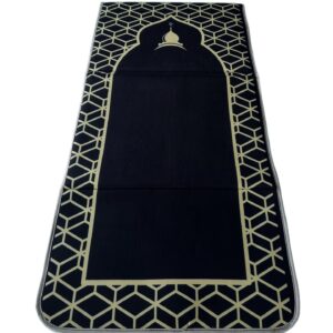 Back Support Prayer Mat Muslim Rug Islamic - Padded Prayer Rug Sajadah for Men Women for Eid Travel Ramadan, Masjid, Soft and Luxury (Black)