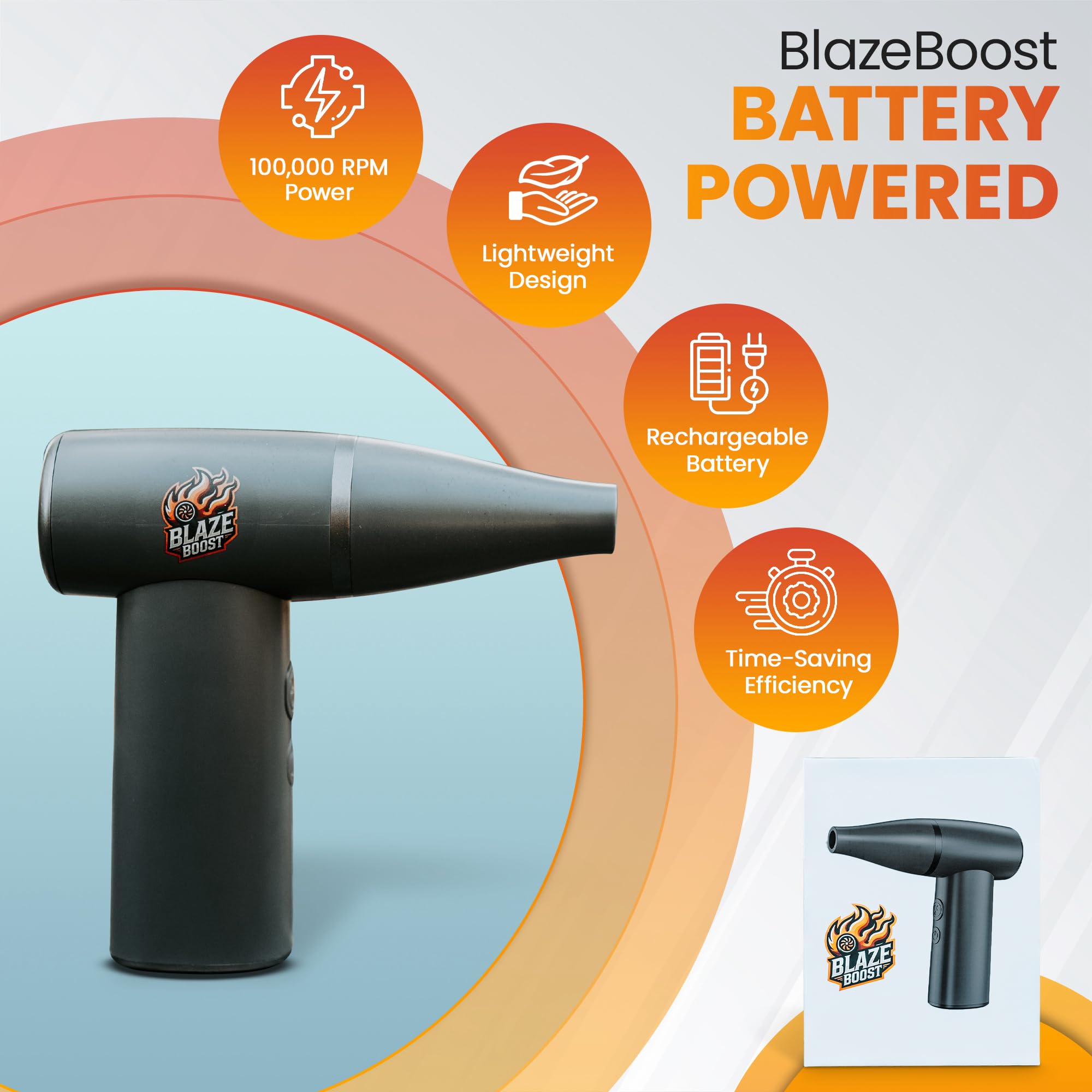 BlazeBoost Jet Air Blower - Jump Start Your Fireplace, Fire Pit,Charcoal Grill Or Campfire by Delivering A Ridiculous Amount of Oxygen to Your Fire 100,000 RPM Power with Rechargeable Battery