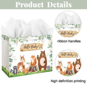 13" Large Baby Boy Girl Gift Bag for Baby Shower or Birthday with Handle, Tissue Paper and Greeting Card (Woodland Animals Sage Green Design)