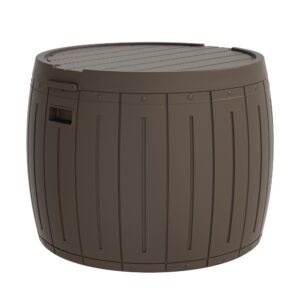 mrosaa deck box storage box, round patio table, waterproof outdoor storage box for towels, patio furniture, pool tools, outdoor uses, sports equipment, waterproof/uv resistant, 27 gallons brown