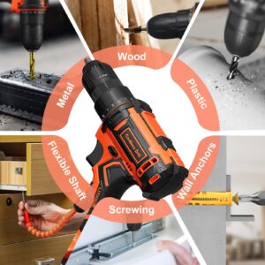 Cordless Drill, 20V Power Drill, Double 2000mAh Batteries Electric Drill, Cordless Drill with Battery and Charger, 3/8" Keyless Chuck Battery Drill with 25+1 Max 370 In-lb Torque, 42Pcs Drill Bits