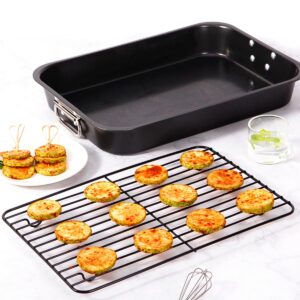 nonstick small roaster pan with flat rack chicken turkey roaster tray oven baking cake bread pans cooking lasagna with stainless steel handles,11-inch x 15-inch