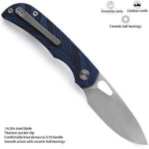 Miguron Knives M Moyarl Folding Knife,3.25" Satin 14c28n Blade Blue Damascus G10 Handle With Titanium Pocket Clip, Camping Hiking Pocket Knife MGR-806DBU