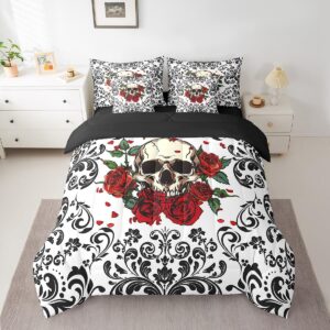 erosebridal skull red roses 7 piece bedding set king black damask floral gothic bed in a bag halloween skull skeleton comforter set with sheets for kids boys adults,goth hippie skull bed set white