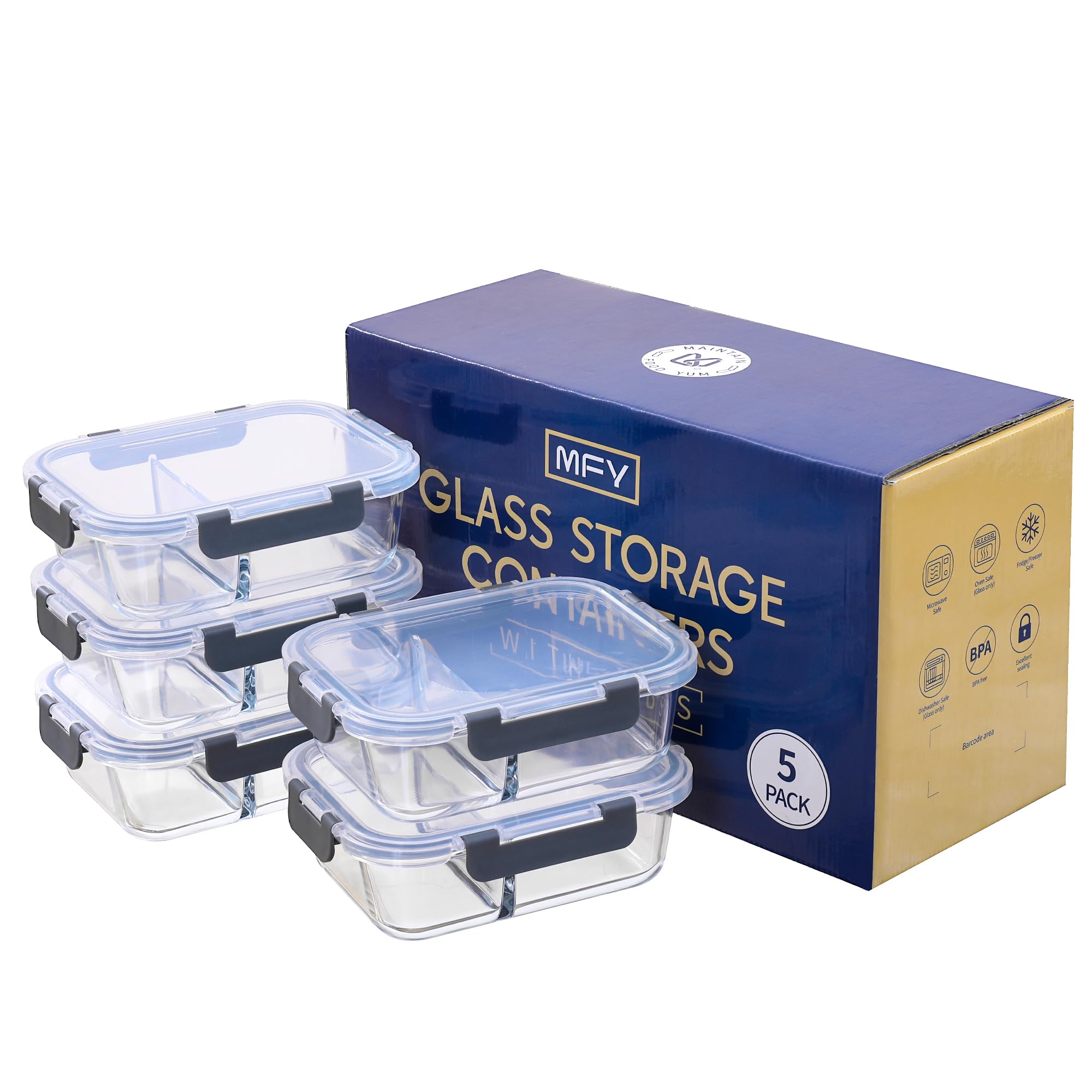 MFY 5-Pack 36 OZ Glass Storage Containers with Lids, Glass Meal Prep Containers 2 Compartment Set, Airtight Glass Lunch Containers with Lids, Microwave, Oven, Freezer and Dishwasher Safe, Gray