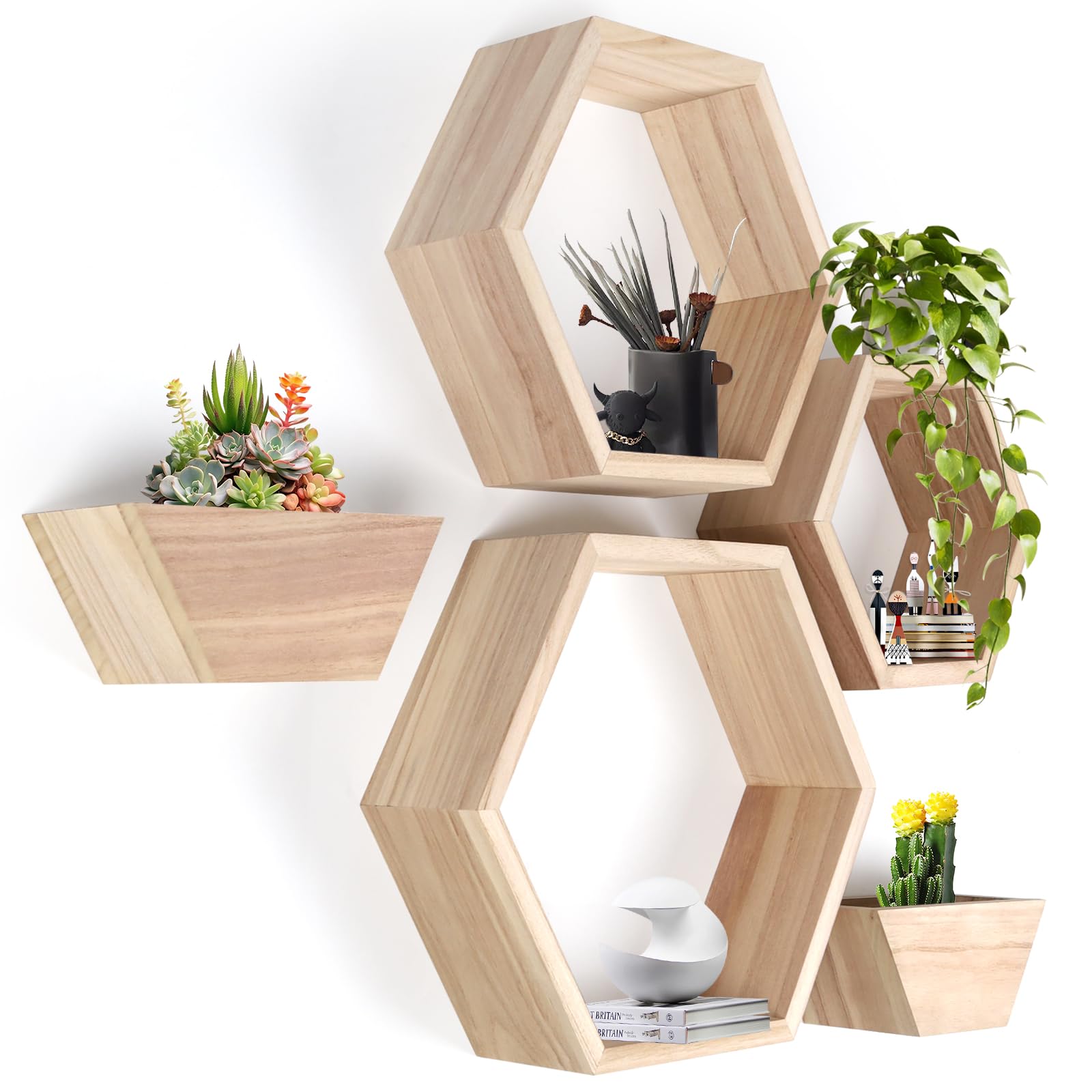 Aurovive Wooden Hexagon Floating Shelves Set of 5 Wall Mounted Honeycomb Shelf octogone shelve Geometric Shaped Organizer for Living Room Bathroom Bedroom Guest Room Decor Accessories nartural