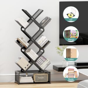 HI NINGER Folding Bookshelf,9 Tier Tree Bookshelf with Storage Cabinet,Stylish Design Metal Bookshelf for Display of CDs,Books in Living Room,Home Office,Tall Floor Standing Book Organizer for Bedroom