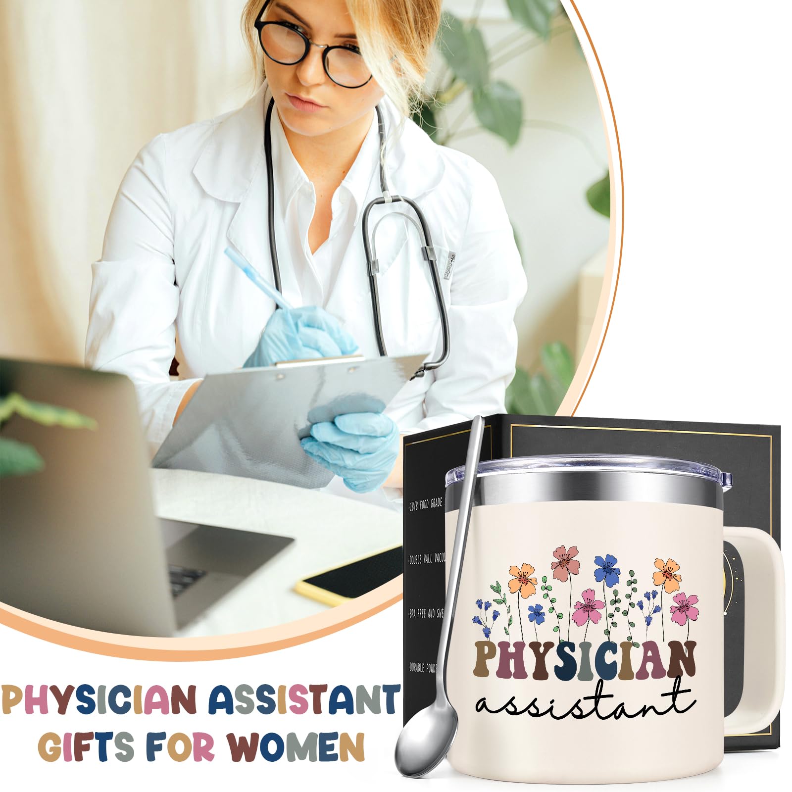 Physician Assistant Gifts for Women, Physician Coffee Mug for National Physician Assistant Day, Birthday and Christmas, 14oz Stainless Steel Insulated Coffee Mug for Physician Assistant, Creamy White