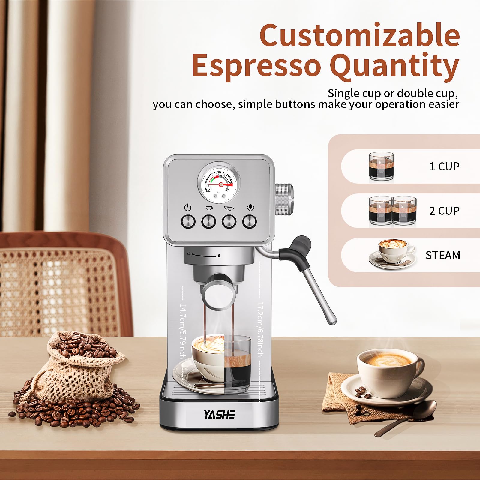 YASHE Espresso Machines, Upgraded 1350W Espresso Maker with Milk Frother Steam Wand and 37.2oz Removable Water Tank, 20 Bar Semi-Automatic Steam Espresso Coffee Maker, Cappuccino Machine for Home