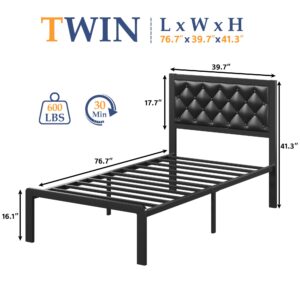 Foredawn Twin Bed Frame with Faux Leather Upholstered Headboard, Metal Support, No Box Spring Needed, Noise Free, Under Bed Storage, Easy Assembly, Black