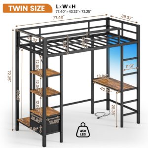 Hasuit Loft Bed Twin Size with Desk and Charging Station Metal Twin Loft Bed with LED Lights, 4 Storage Shelves and 2 Fabric Drawers, Twin Size Loft Bed with Safety Guard, Clothes Rail & Ladder, Black