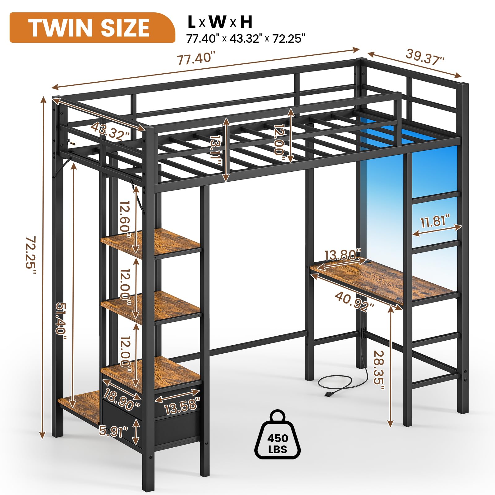 Hasuit Loft Bed Twin Size with Desk and Charging Station Metal Twin Loft Bed with LED Lights, 4 Storage Shelves and 2 Fabric Drawers, Twin Size Loft Bed with Safety Guard, Clothes Rail & Ladder, Black