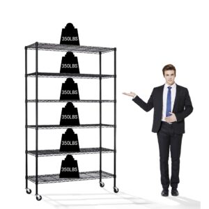 generic 6-tier storage shelves wire shelving with wheels heavy duty metal shelves tall steel shelving units adjustable 2100lbs capacity rolling shelf racks for restaurant garage pantry kitchen, black