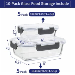 MFY 10-Pack Glass Storage Containers with Lids, Glass Meal Prep Containers Set, Airtight Glass Lunch Containers with Lids, Microwave, Oven, Freezer and Dishwasher Safe, Gray