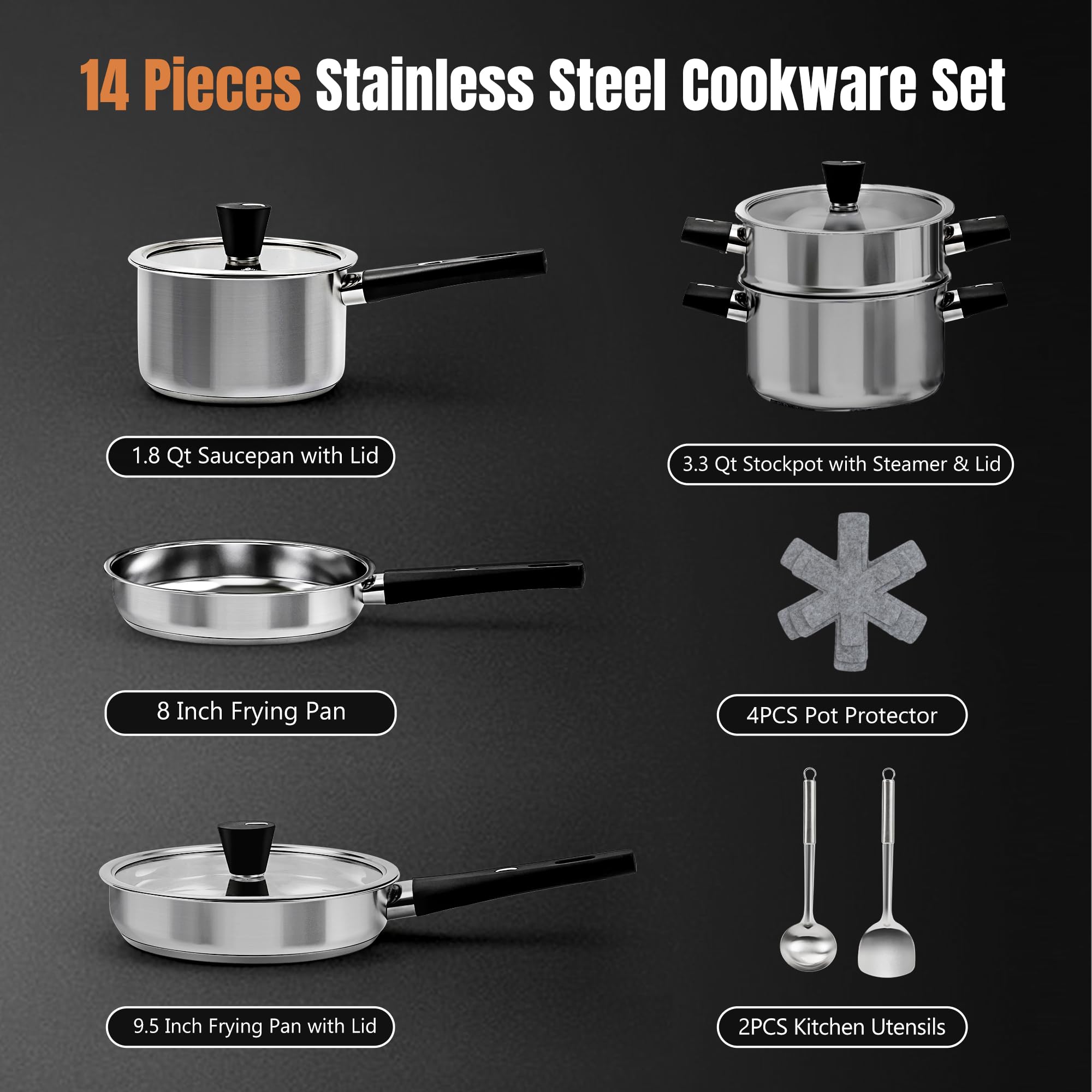 ASKSCICI Stainless Steel Pots and Pans Set, 14-Piece Kitchen Cookware Set with Stay-Cool Handle, Non-Toxic, Dishwasher Safe & Compatible with All Stovetops (Gas, Electric & Induction)