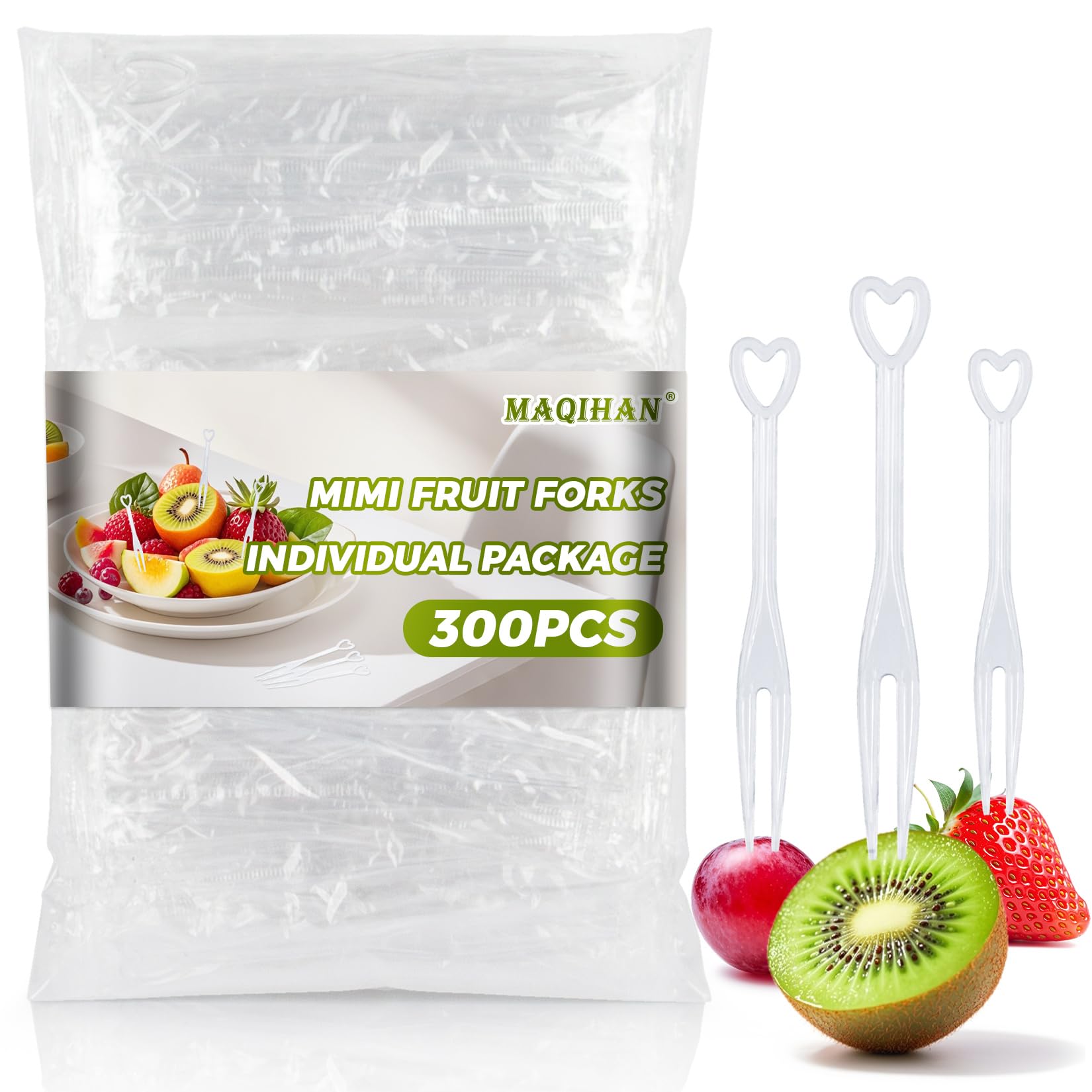 MAQIHAN 300Pcs Disposable Mini Fruit Forks - Plastic Appetizer Forks Mini Cocktail Forks Individually Wrapped Tiny Dessert Forks Cocktail Food Picks Palillos Para Fruta for Party Appetizer Charcuterie