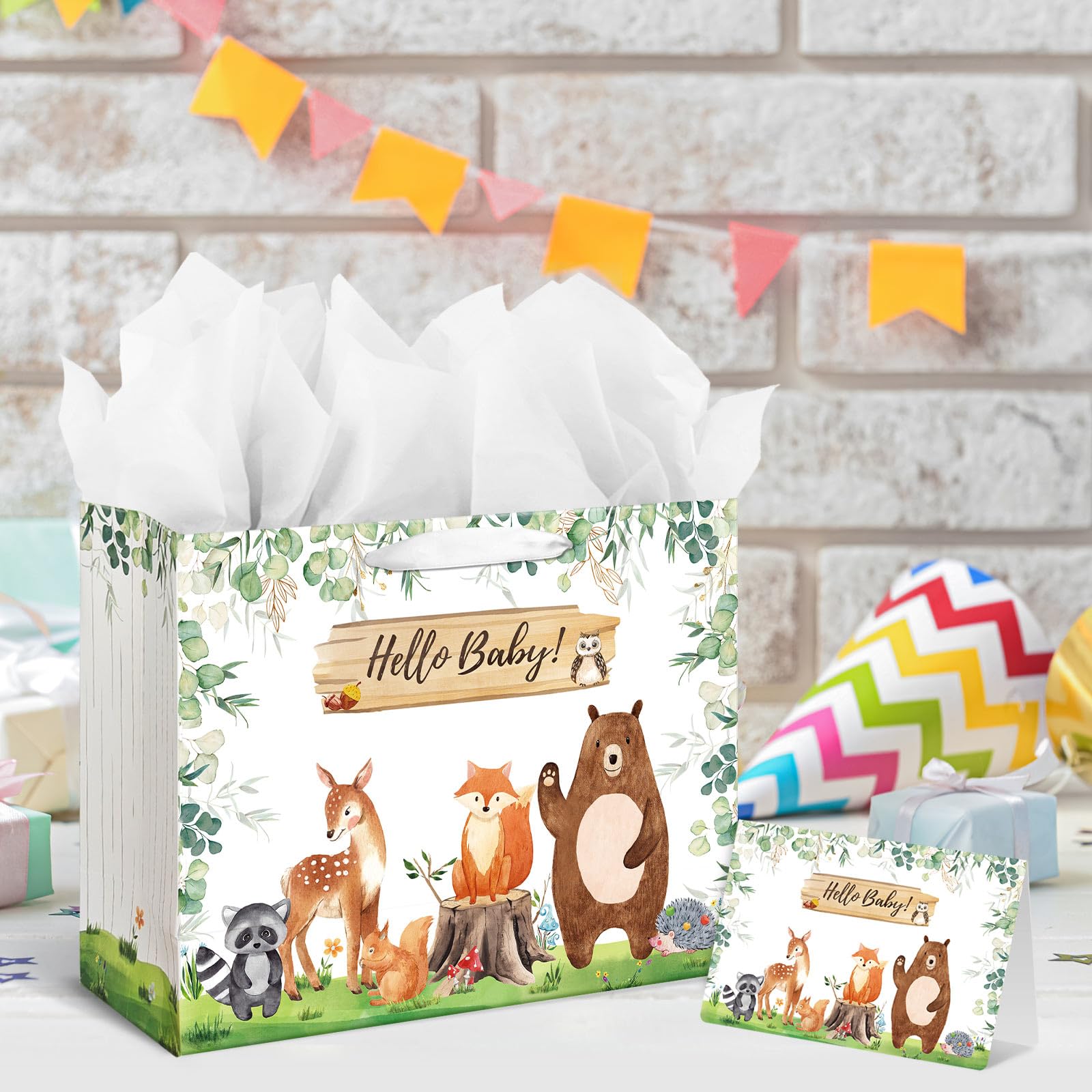 13" Large Baby Boy Girl Gift Bag for Baby Shower or Birthday with Handle, Tissue Paper and Greeting Card (Woodland Animals Sage Green Design)