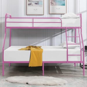 Bunk Bed Twin Over Full, Bunk Beds Twin Over Full with Metal Guardrail and Ladder, Space-Saving, Heavy Duty Queen Bunk Bed for Boys, Girls, Teens, Adult,No Box Spring Needed (Pink)