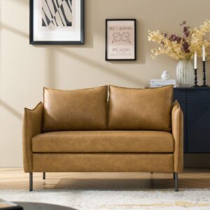 hulala home 53" faux leather loveseat sofa, 2 seater loveseat couch with solid wooden frame, modern small couches for small space with curved arms removable cushions(camel)