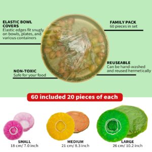 NEPAK 60 Pcs Bowl Covers Reusable, 3 Sizes Plastic Food Covers, Elastic Film Fits Most Plates and Dishes, Proofing Cover for Kitchen Picnic Outdoors, Alternative to Foil and Plastic Wrap